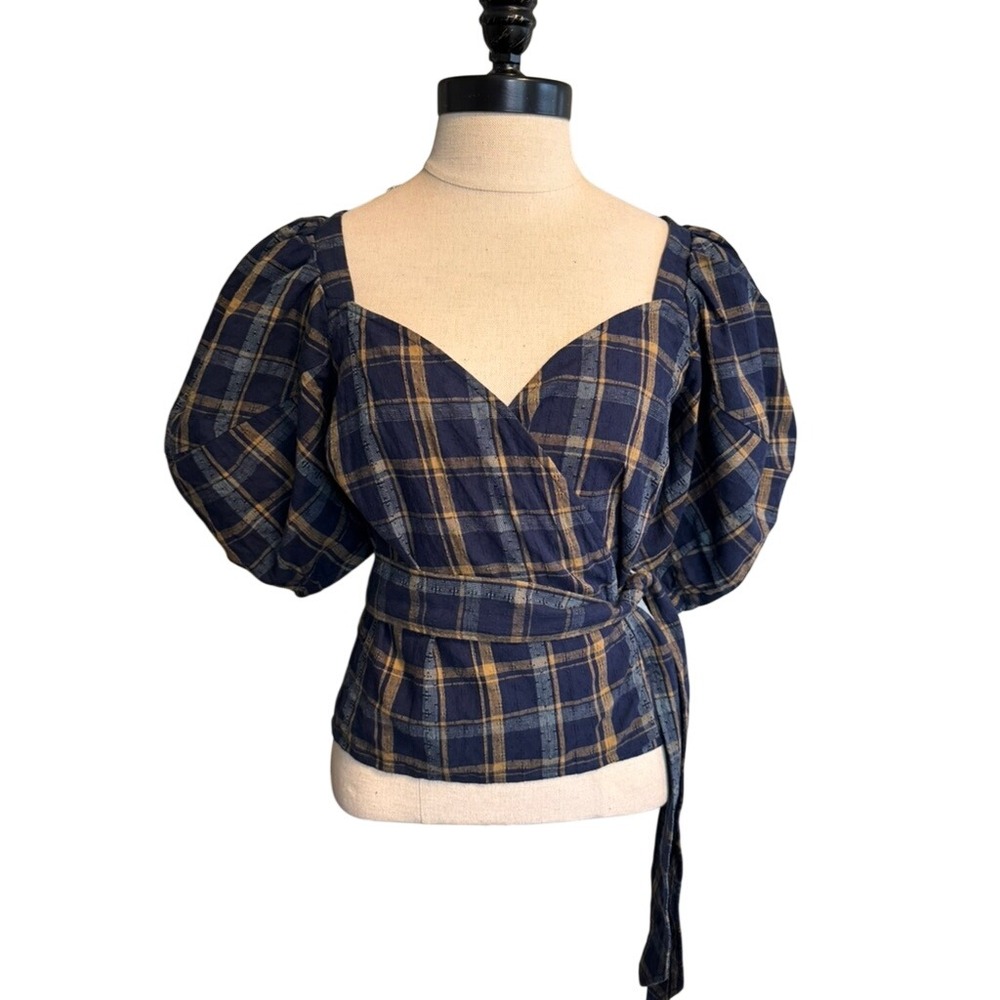 Madewell Sweetheart Wrap Top Plaid Navy Mustard XS Short Puff Sleeve Blouse